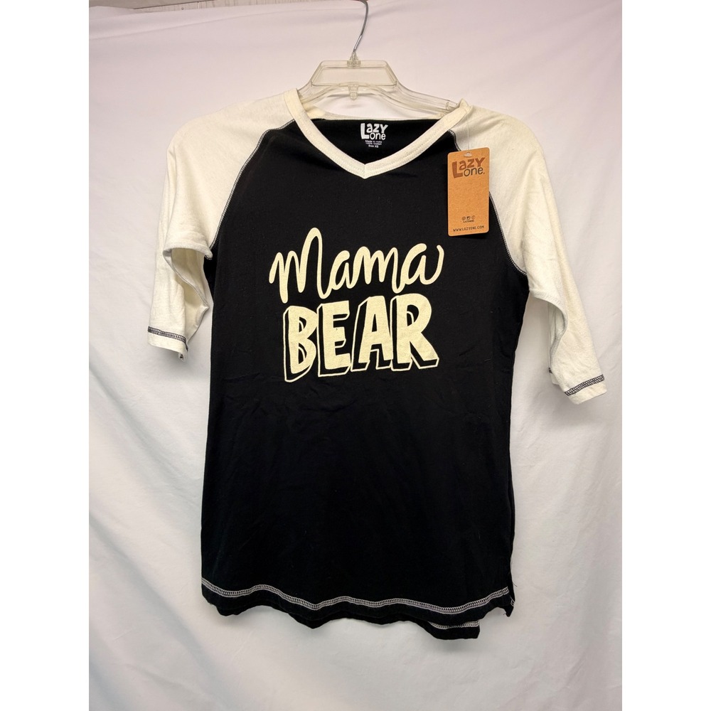 NWT Lazy One Mama Bear Raglan Tee Black White 3/4 Sleeve V-Neck Cotton Shirt XS